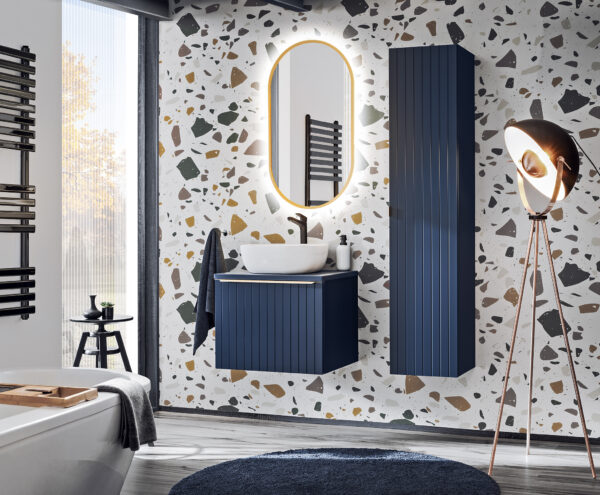 Santa Fe Deep Blue – Szafki łazienkowe - 60cm z umywalką nablatową, szafką wysoką i lustrem
