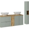 Line Reed Green – Szafki łazienkowe - 140cm z blatem, 2 umywalkami nablatowymi Pati i szafką wysoką