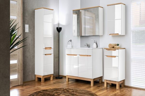 Bali White – Szafki łazienkowe - 80cm z umywalką, szafką wysoką i szafką z lustrem