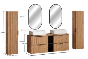 Adel Oak - Zestaw meblowy 140cm z blatem, dwoma umywalkami nablatowymi Magic, szafkami wysokimi i lustrem LED