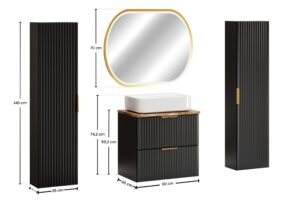 Adel Black - Zestaw meblowy 60cm z blatem, umywalką nablatową Magic, szafkami wysokimi i lustrem LED