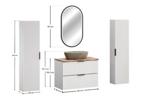 Adel White - Zestaw meblowy 80cm z blatem, umywalką nablatową Anna, szafką wysoką i lustrem
